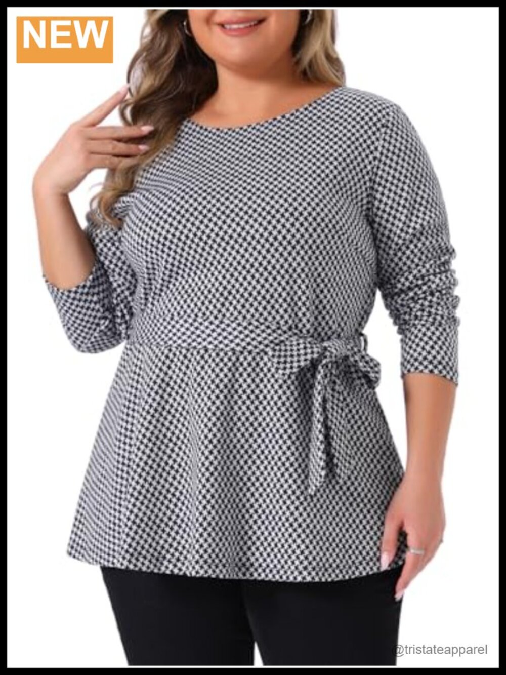 Plus Size Peplum Blouse Houndstooth Tie Waist Long Sleeve Women's Top
